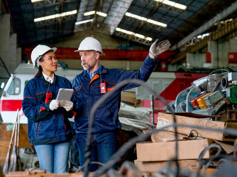 Factory worker man explain about work in workplace to Asian factory technician woman